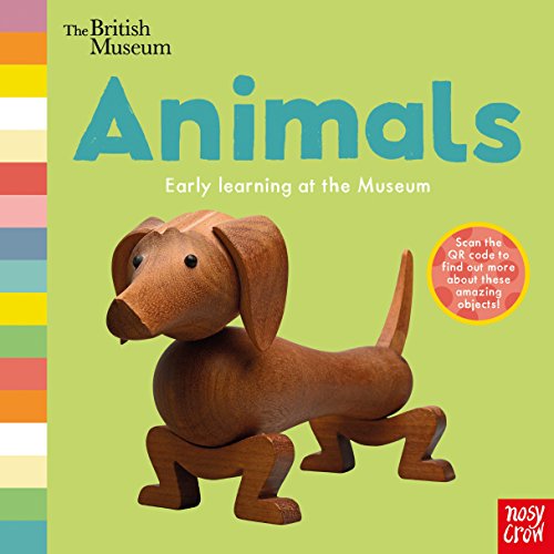 Book cover featuring a wooden dachshund and colorful striped edge.