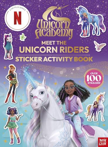 Book cover featuring a girl riding a unicorn with other characters around.