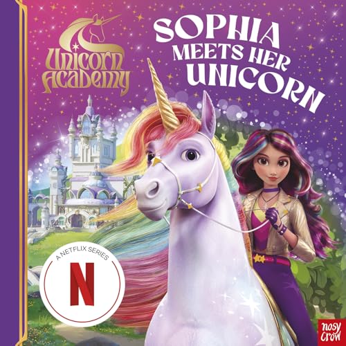 Book cover featuring a girl and a pastel rainbow unicorn, castle background.