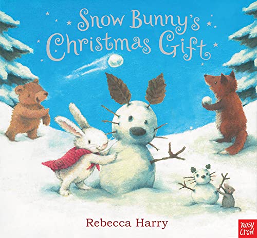 Snow bunny, snowman, bear, and fox in a snowy winter scene.
