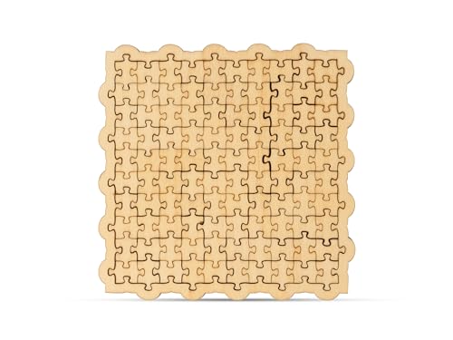 Wooden puzzle with irregular edges and many interlocking pieces, mostly assembled.