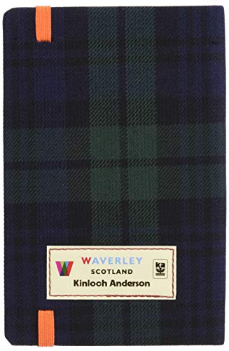 Blue and green tartan notebook with "Waverley" label and orange ribbon.