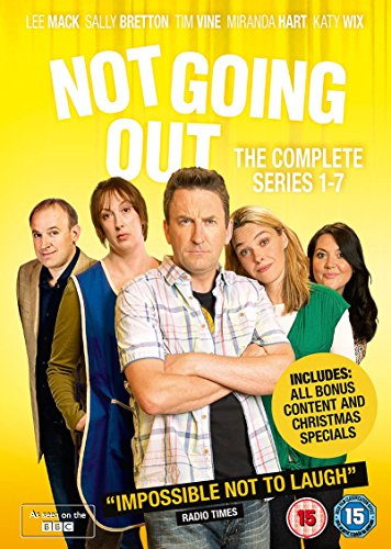 DVD cover for Not Going Out series 1-7 featuring the main cast on yellow.