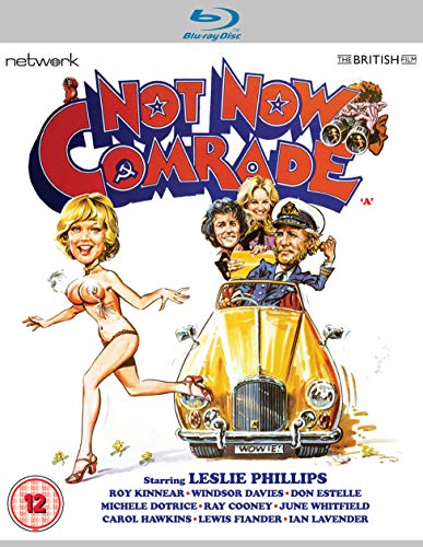 Blu-ray cover for "Not Now Comrade" featuring cartoon characters and a car.