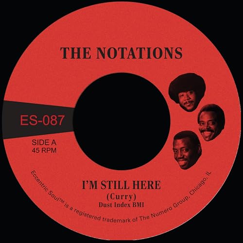 Red vinyl record label featuring The Notations, song title I'm Still Here, and band portraits.