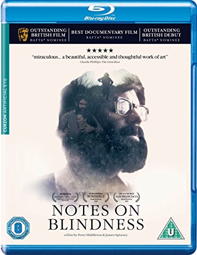 Blu-ray cover for Notes on Blindness featuring a double exposure portrait of a man.