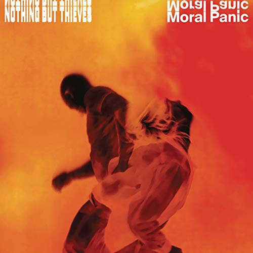 Two figures embrace against a blurred orange and red background with mirrored text overlays.