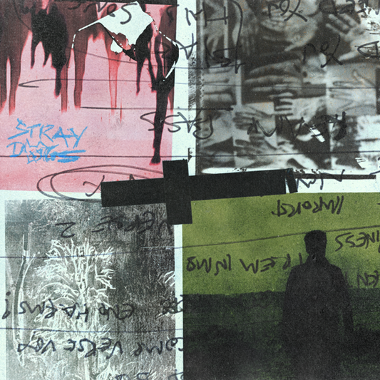Collage of abstract paint splatters, graffiti, and a silhouetted figure.