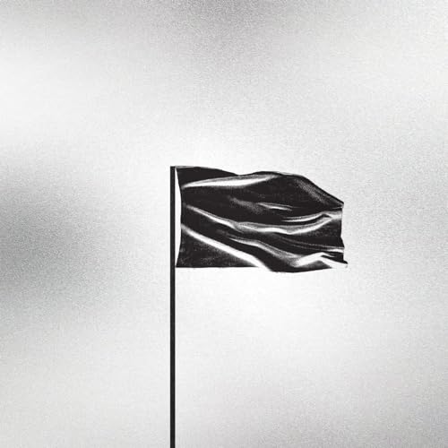 Black flag waving on a pole, grayscale image, album cover.