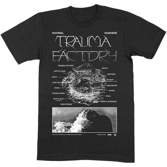 Man wearing black t-shirt with “Trauma Factory” graphic and tattoos.