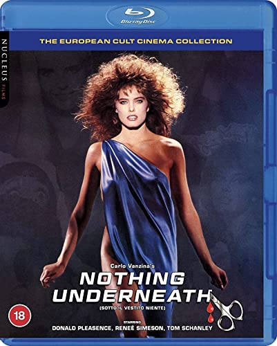 Nothing Underneath" Blu-ray cover featuring a woman in a blue dress and scissors.