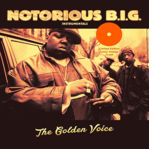 Notorious B.I.G. album cover featuring the rapper and an orange vinyl record.