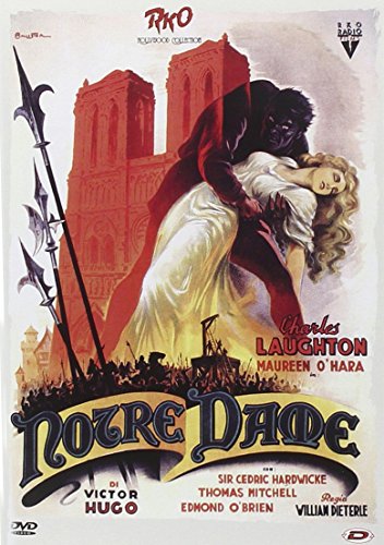 Vintage movie poster for "Notre Dame" featuring Quasimodo and Esmeralda.
