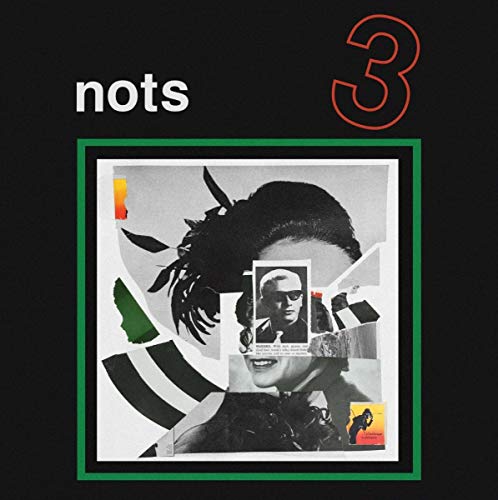 "Album cover with a black background, featuring a collage of a person's face."