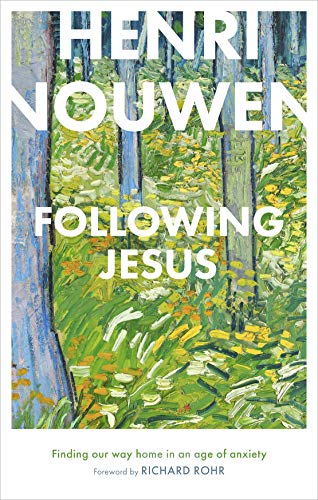 Book cover with white text over a painted forest scene.