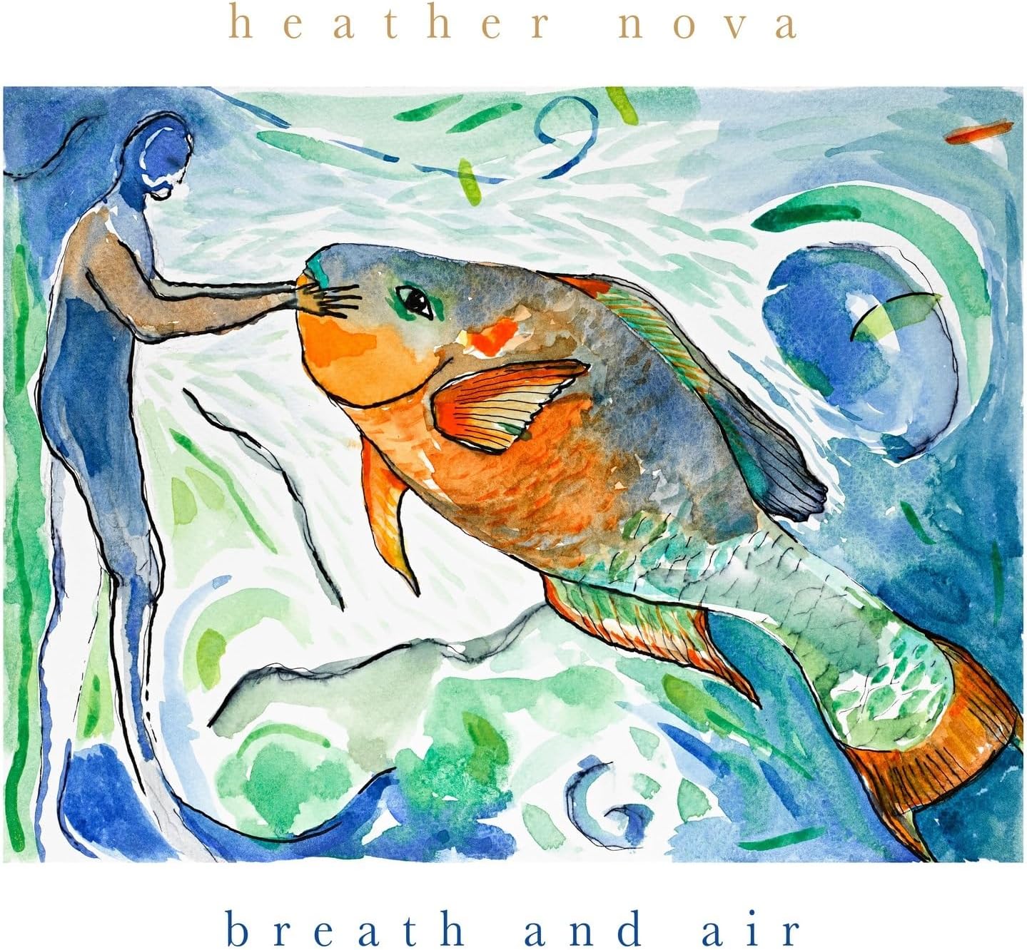Watercolor illustration of a person touching a large, colorful fish in blue water.