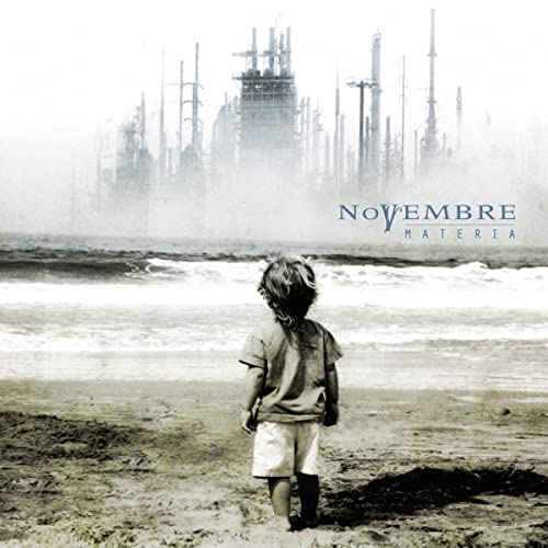 Child facing industrial landscape and ocean on CD cover, "Novembre - Materia".