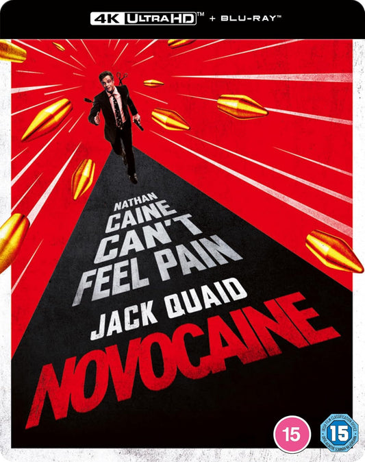 “Novocaine” SteelBook Blu-ray cover with Nathan Caine running from bullets.