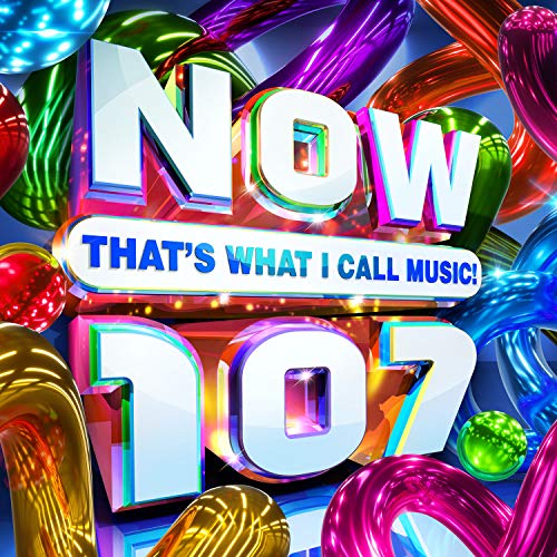 Album cover for NOW That's What I Call Music 107 with colorful abstract shapes.