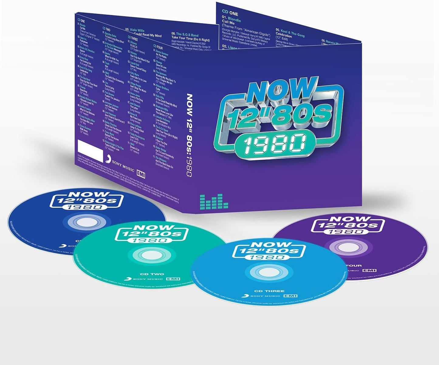 "Purple box set titled 'NOW 12 80s 1980' with four CDs in blue, green, and purple."