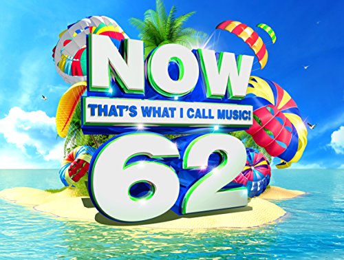 “NOW 62” CD cover with colorful parasols, palm trees, and ocean backdrop.