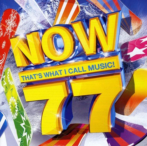 “NOW 77” CD cover with large yellow and blue numbers and colorful graphics.