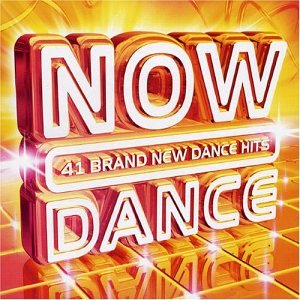NOW Dance" CD cover with reflective 3D lettering and orange gradient background.