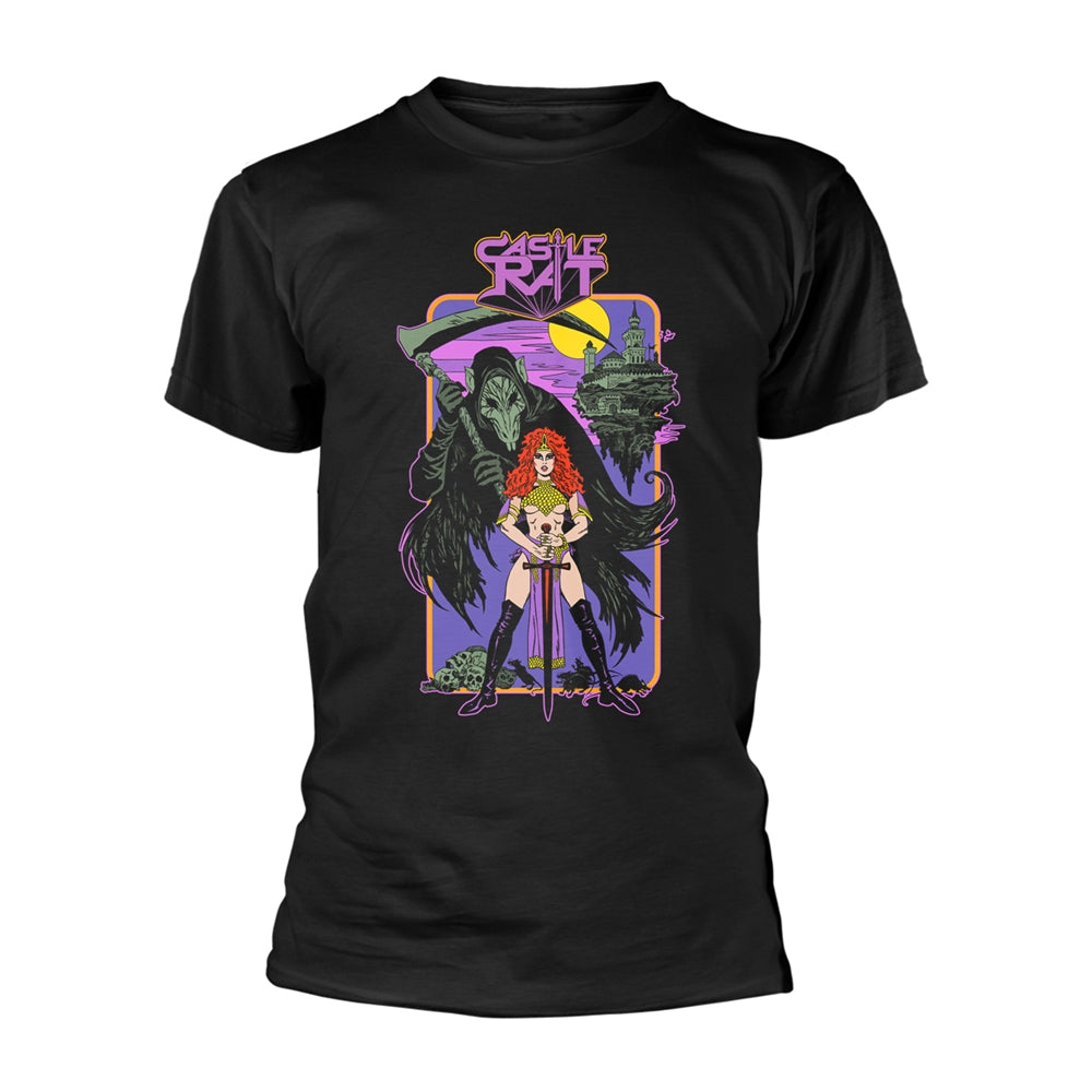 Black t-shirt with colorful fantasy illustration of a woman and dragon.