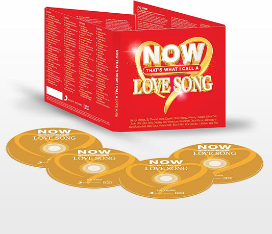 A red CD box set titled NOW That’s What I Call A Love Song with four discs.