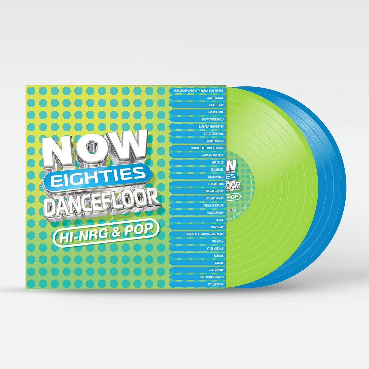 NOW 80s Dancefloor vinyl record cover with colorful dot pattern and tracklist.