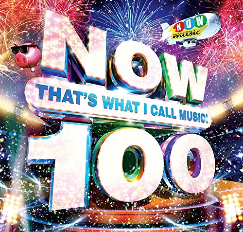 Album cover for NOW That's What I Call Music 100 with fireworks and confetti.