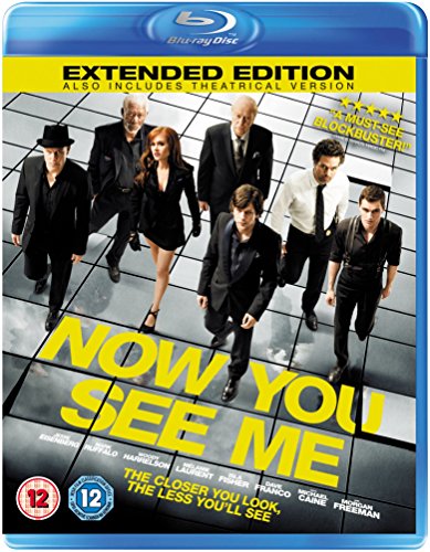 "Blu-ray case for 'Now You See Me' with seven actors on a glass floor."