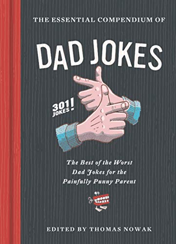 Book cover: “The Essential Compendium of Dad Jokes” with hand illustration.