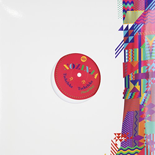 Red vinyl record with white label and colorful geometric design.