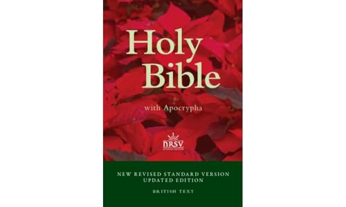 Red floral cover Bible with "Holy Bible" and "Apocrypha" text.