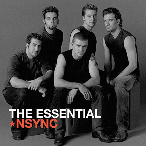 Black and white photo of *NSYNC, album cover for “The Essential.”
