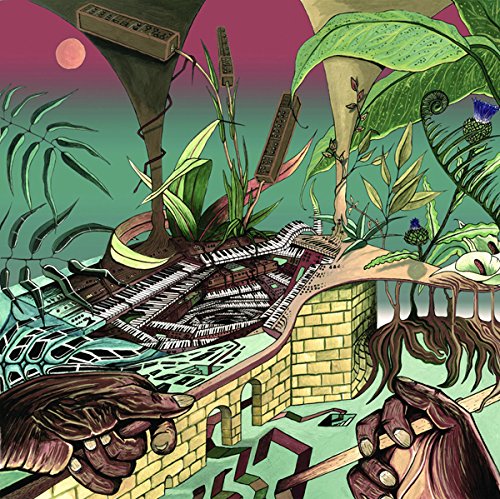Album cover with surreal jungle scene and piano key structures.
