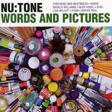 "Album cover with 'Nu:Tone - Words And Pictures' title and assorted art supplies scattered around."