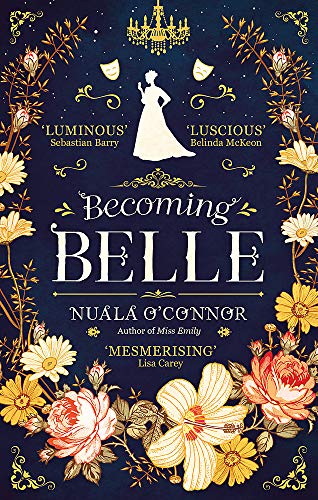 Book cover for "Becoming Belle" with floral border and silhouette.