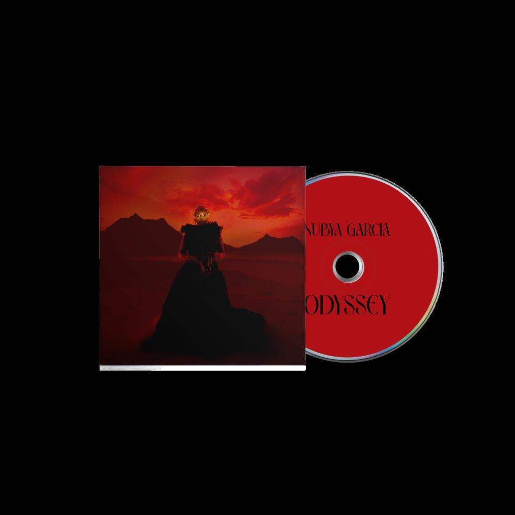 CD cover and disc for Nubya Garcia’s “Odyssey” album, red background.