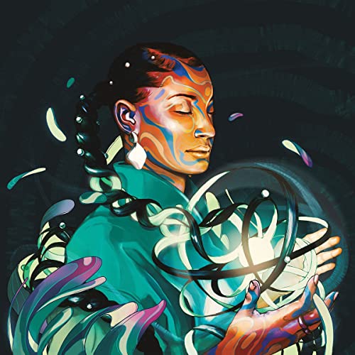 Portrait of a woman with colorful paint and swirling, abstract shapes.