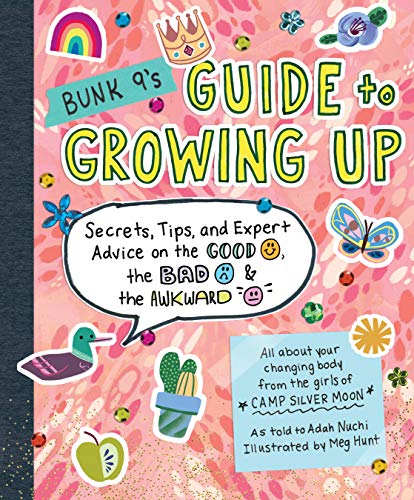 Pink book cover with colorful illustrations and playful title: "Bunk 9's Guide to Growing Up.