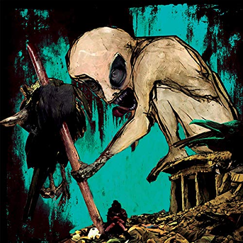 "Album cover art featuring a grotesque figure and a dead crow on a stick."