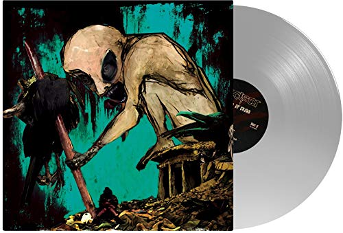 Album cover with a monstrous figure and a clear vinyl record.