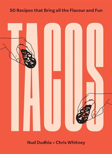 Cookbook cover for “TACOS” with illustrated tacos and bold lettering.