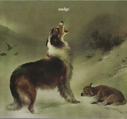 "Album cover with a howling dog and a rabbit in a snowy landscape."