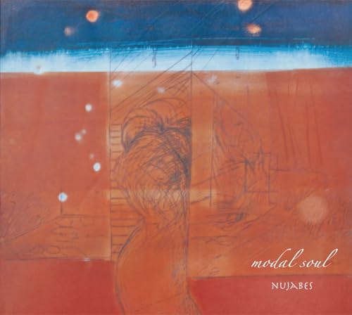 Abstract painting with a reddish-orange landscape, blue sky, and faint sketch of a person.