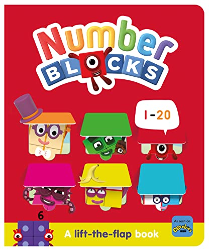 Numberblocks 1-20 lift-the-flap book cover featuring colorful character blocks on a red background.