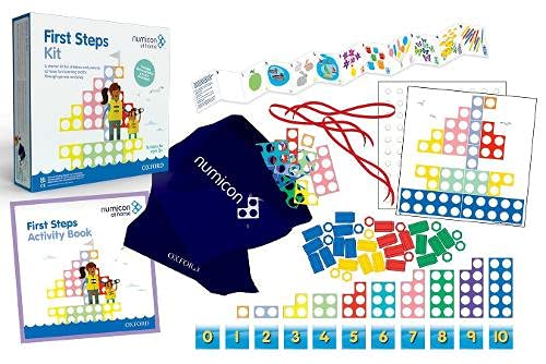 Numicon First Steps kit with colorful shapes, cards, and activity book.