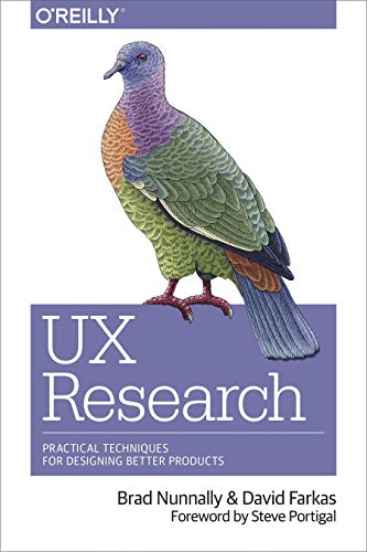 Book cover: “UX Research” with colorful bird illustration.